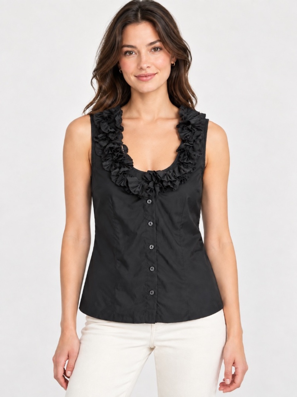 Black Ruffle Neck Sleeveless Button Front Blouse Size M  J.Crew